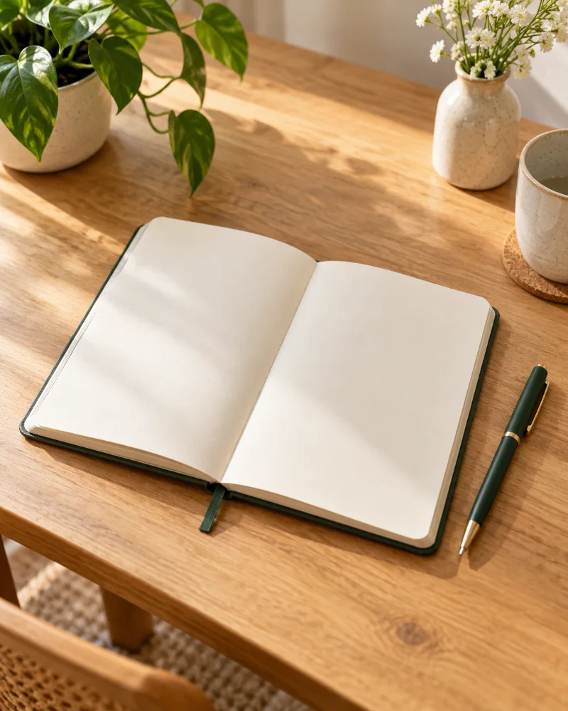 An open notebook with blank pages and a pen on a wooden desk.