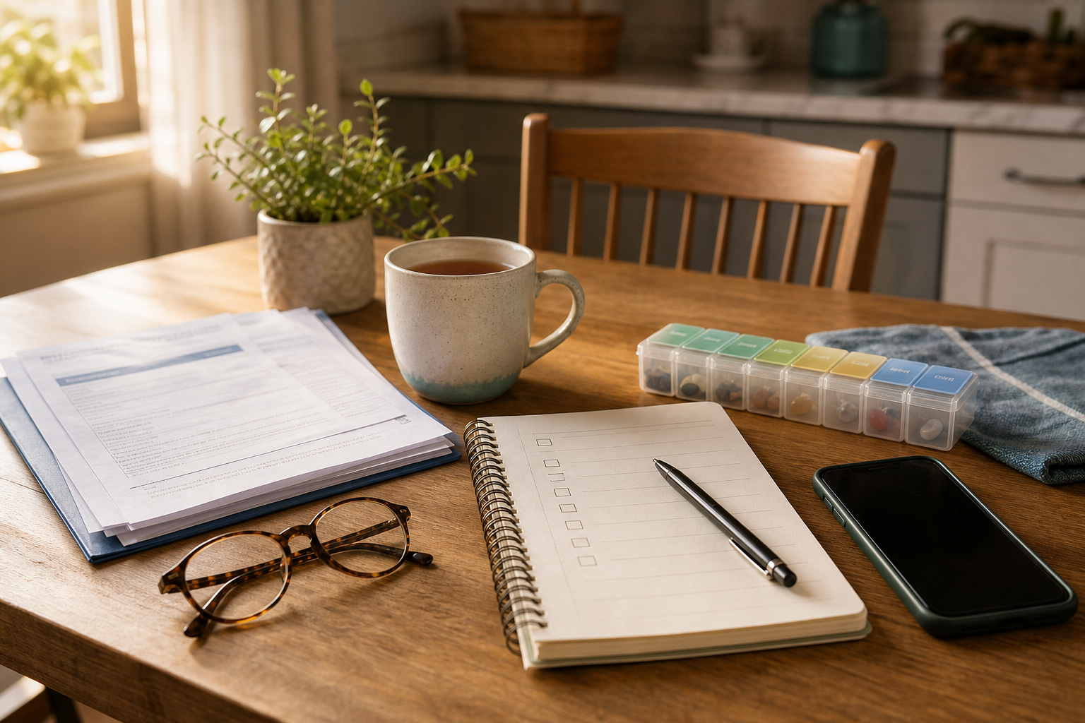 Discharge papers, a checklist notebook, phone, and pill organizer on a kitchen table