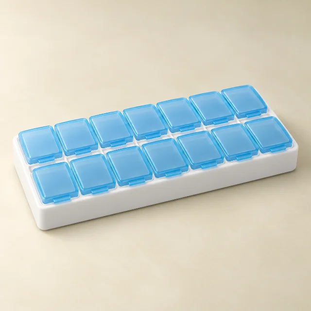 Original illustration of a white weekly pill organizer with two rows of seven blue snap lids.