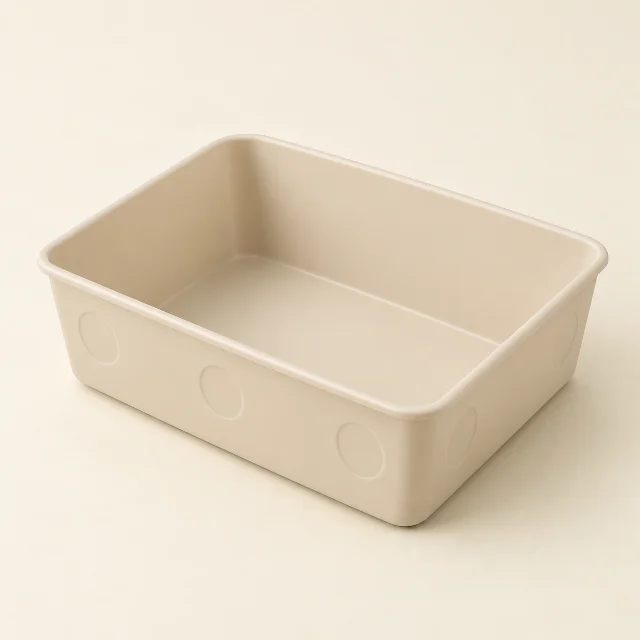Original illustration of an empty shallow beige organizer with rounded corners and circular impressions on its sides.