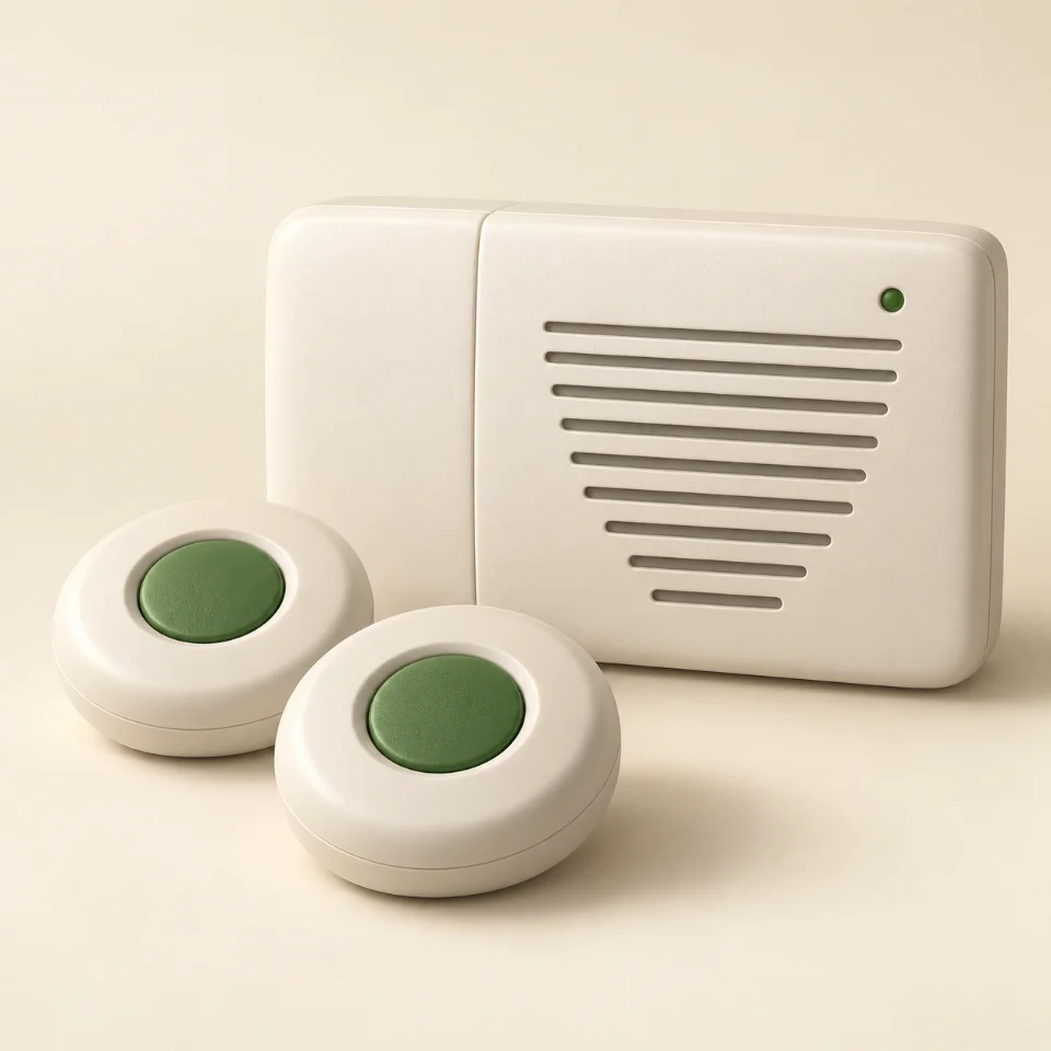 Original illustration of two white circular call buttons with green push centers and a rectangular portable pager.
