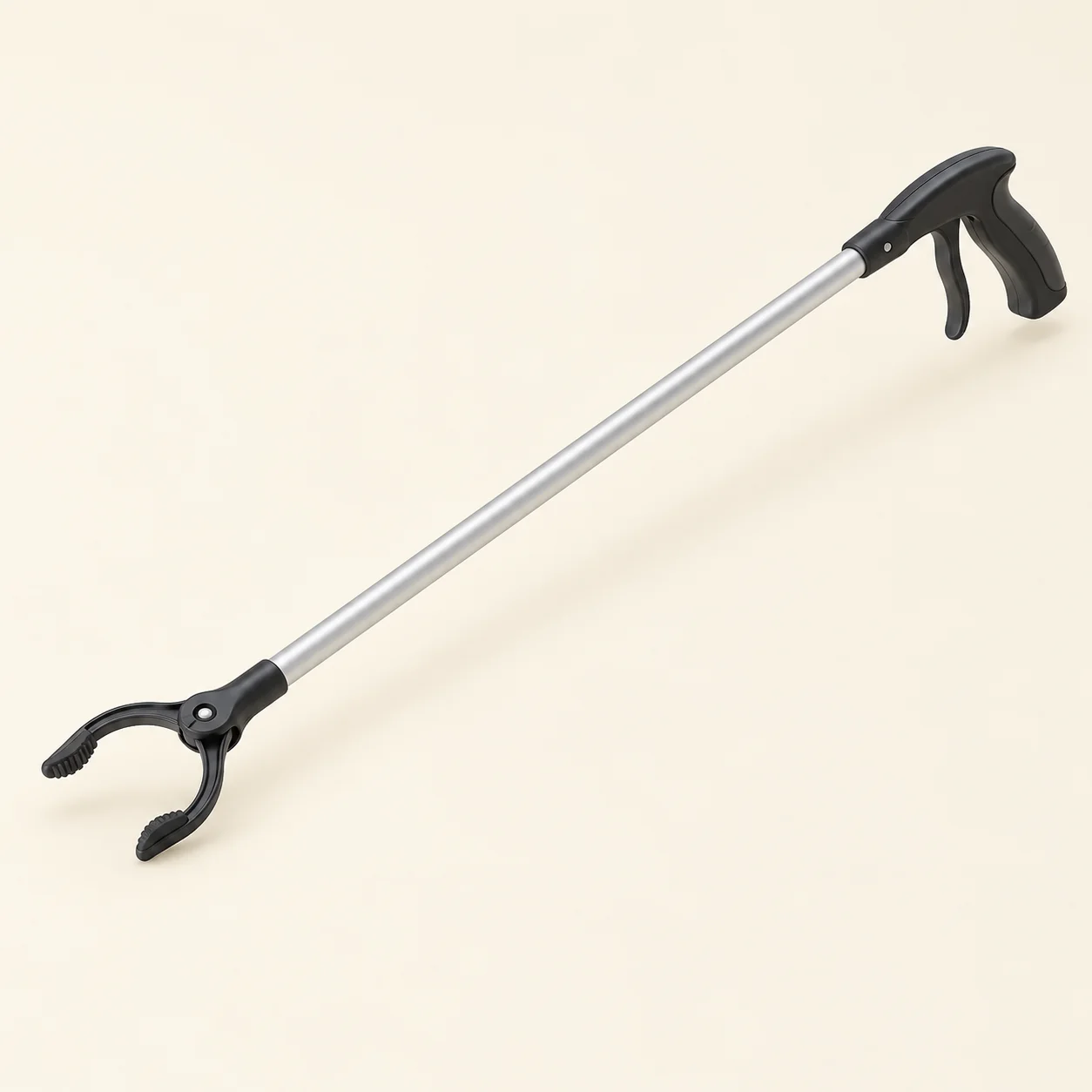 Original illustration of a long silver reacher with a dark squeeze-trigger handle and rotating claw.