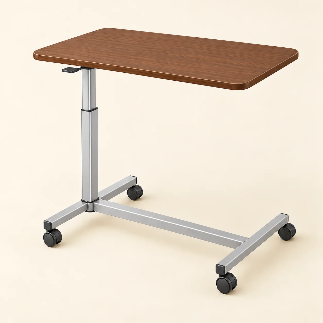 Original illustration of an empty fixed brown overbed tabletop on a silver adjustable column and four-wheeled base.