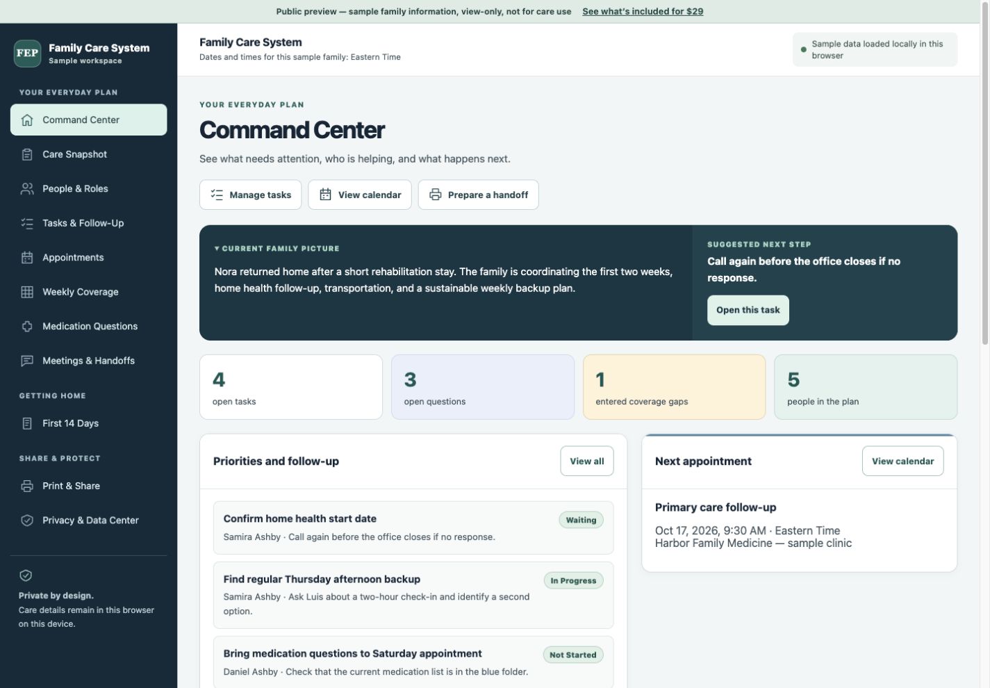 Care System Command Center with fictional family tasks, questions, appointments, and coverage