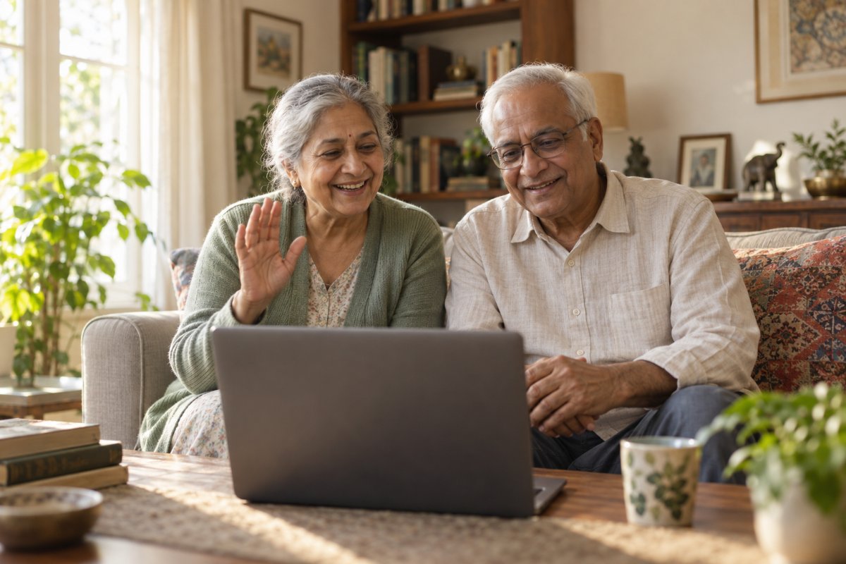 An older couple connecting with family on a laptop
