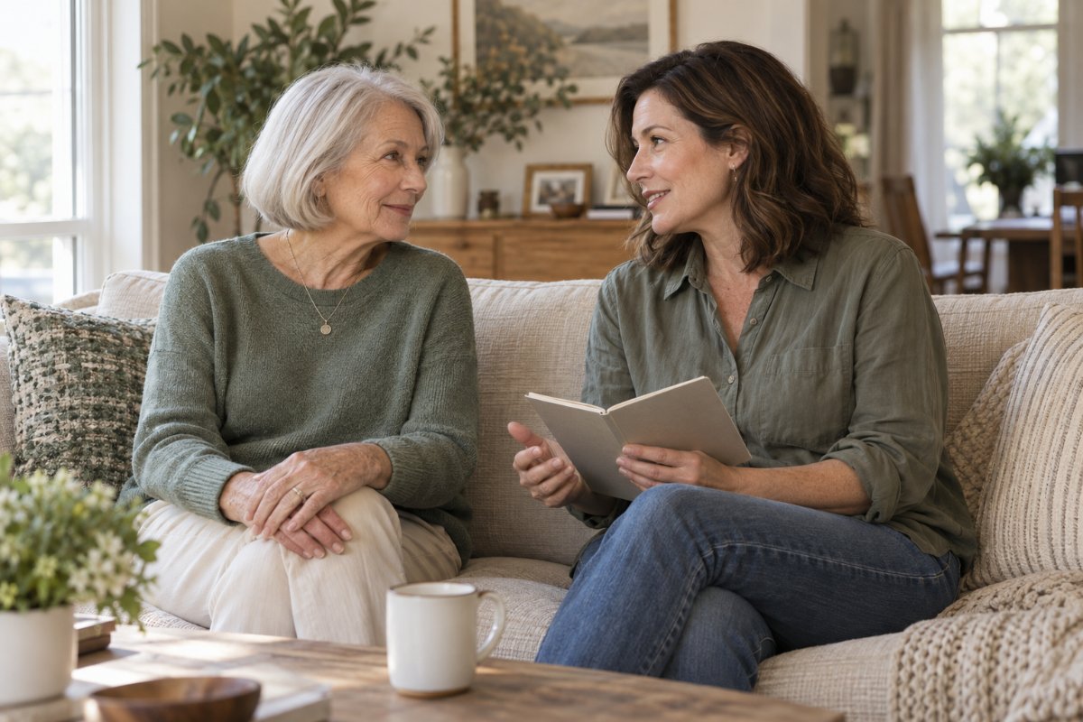 An older woman and her adult daughter talking together at home