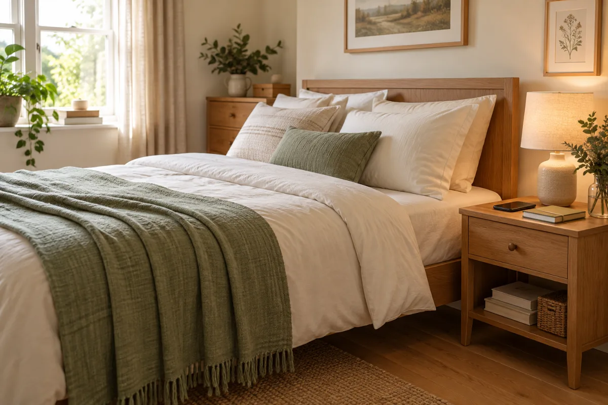 A warmly lit bedroom with a bedside lamp, phone, and notebook