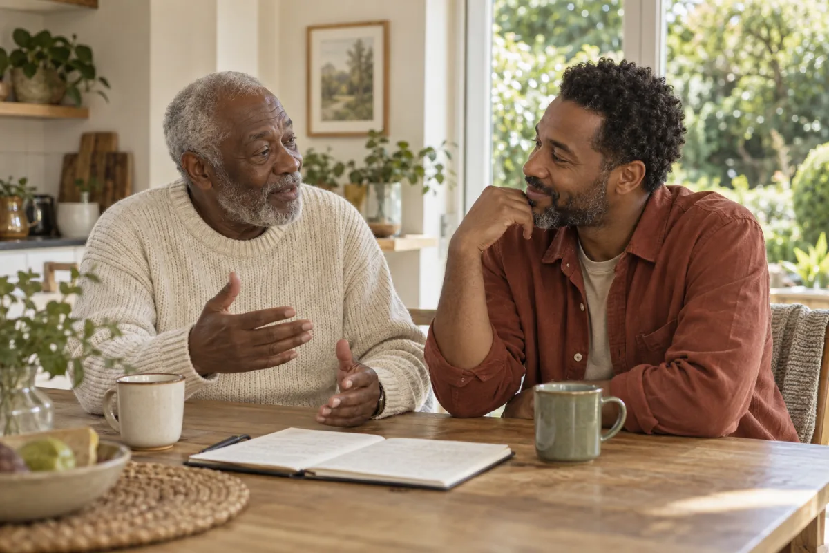 Two family members talking over a notebook at home