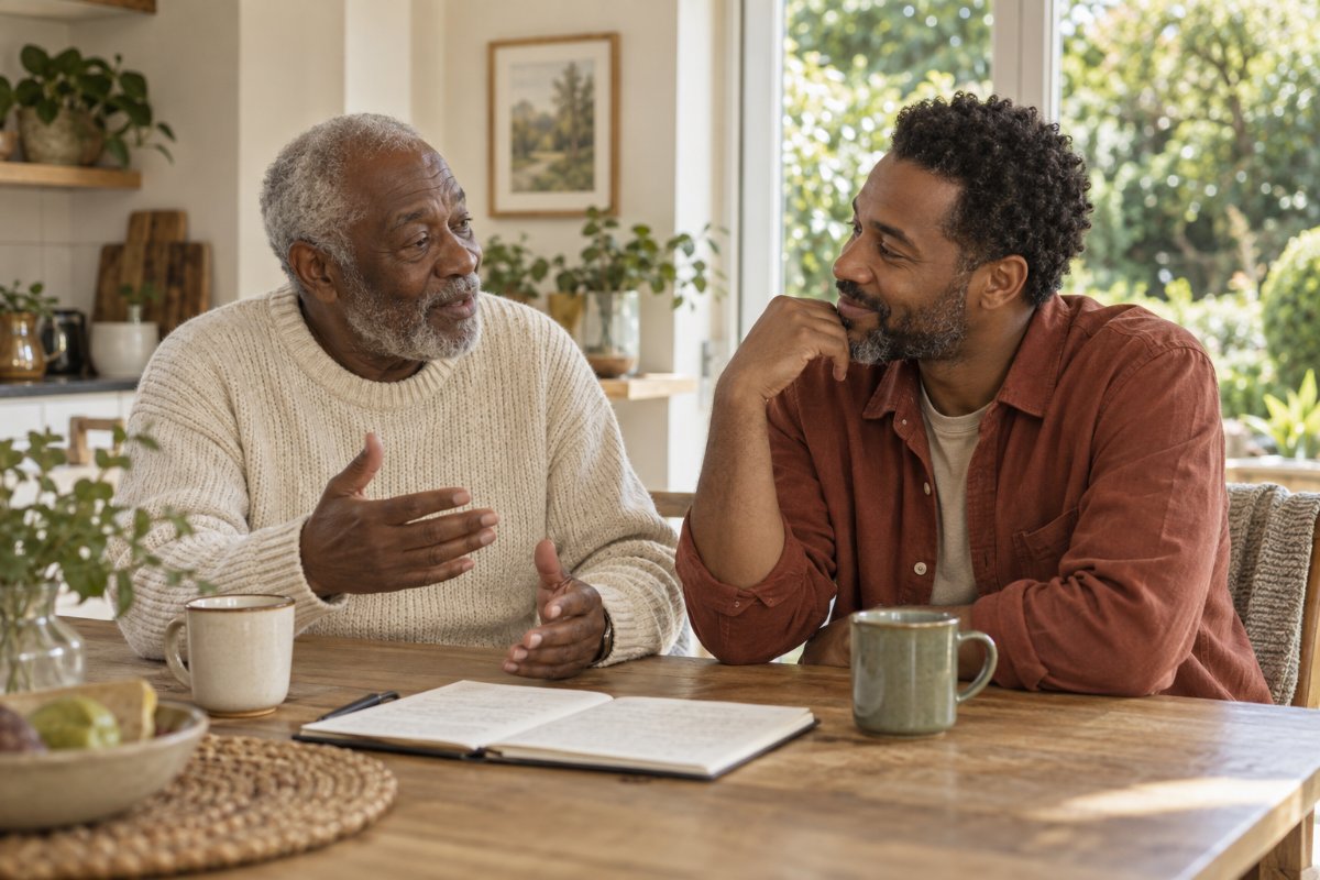 An older father and adult son discussing a plan at their kitchen table